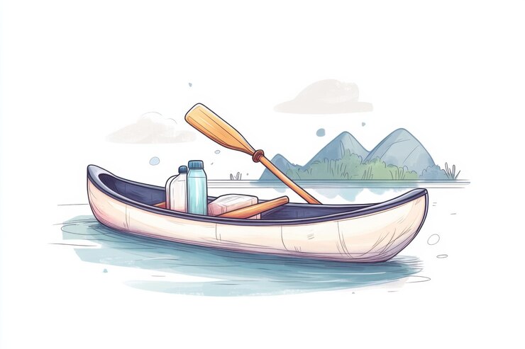 Foto doodle de uma canoa com um remo e uma garrafa de água em um lago pacífico ilustração simples design bonito composição centrada cores pastel fundo branco