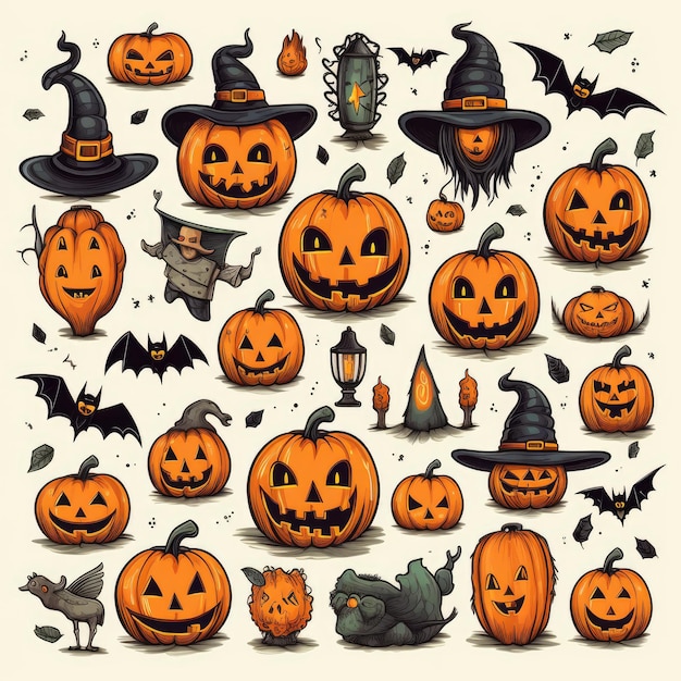 Doodle Elementos de Halloween un encantador conjunto de ilustraciones de calabazas brujas murciélagos en un fondo blanco