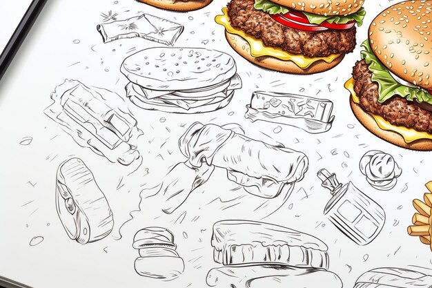 Foto doodle fast-food-diahs auf einer notizbuchseite