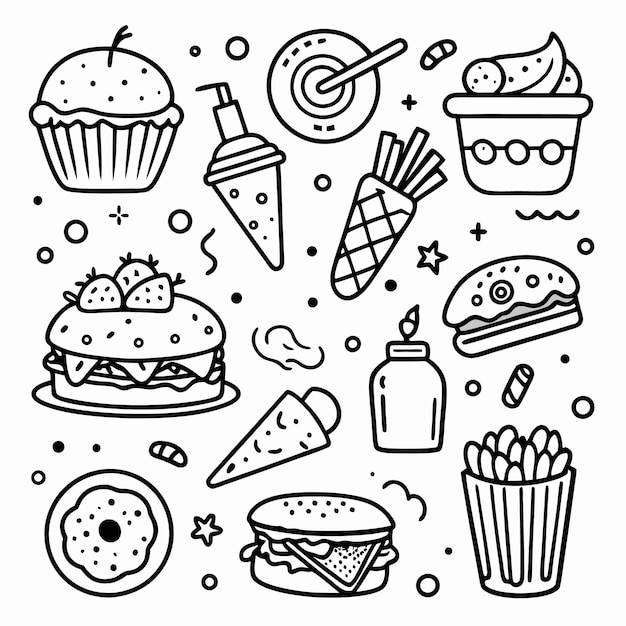 Doodle-Illustration verschiedener Lebensmittel, darunter Kuchen, Cupcake, Eiscreme, Pommes Frites und Burger