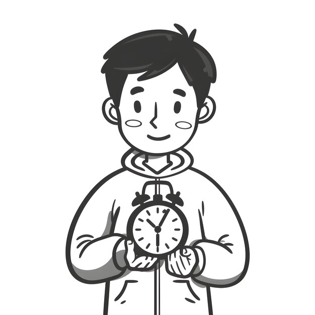 Doodle Line Cartoon Style 3D Icono plano Parente sosteniendo el reloj de gestión del tiempo y el botón Snooze Guía