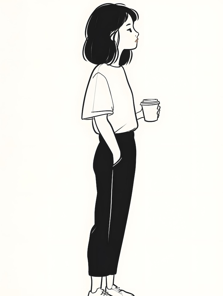 Foto un doodle minimalista de una chica con una taza de café