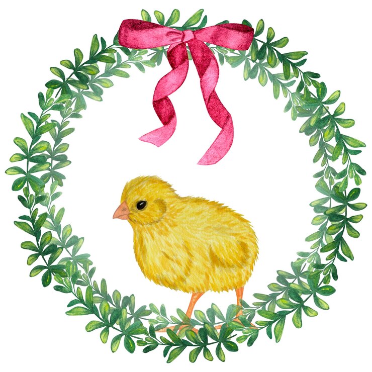 Foto doodle moldura redonda de folhagem verde com um laço rosa e pintinho ilustração em aquarela desenhada à mão isolada no fundo branco feliz páscoa
