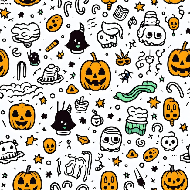 Foto doodle padrão perfeito de halloween com abóboras e morcegos abóbora fantasma e outros elementos