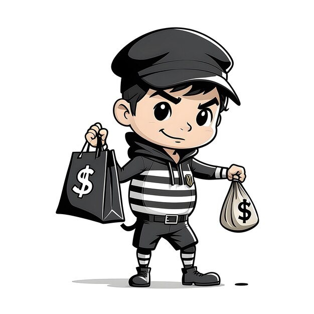 Foto doodle de pizarra de un ladrón con una bolsa de dinero.