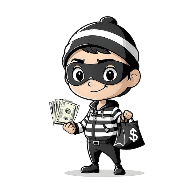 Doodle de pizarra de un ladrón con dinero.