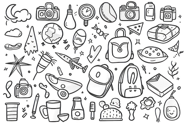 Doodle-Satz von Objekten aus dem Leben eines Kindes in Schwarz-Weiß