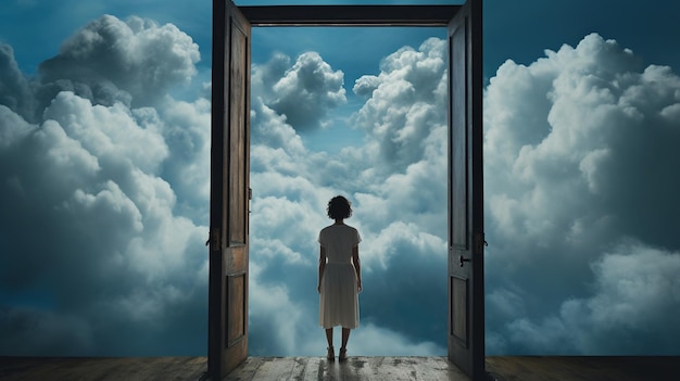 Foto door to sky: eine frau steht vor einer offenen tür in den wolken. surreale reise in die wolken