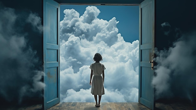 Foto door to sky una mujer parada frente a la puerta abierta en las nubes viaje surrealista hacia las nubes