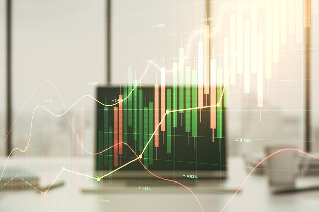 Doppelbelichtung abstrakter kreativer Finanzdiagramme auf modernem Laptop-Hintergrund Bank- und Buchhaltungskonzept