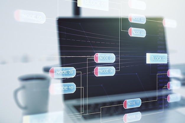 Doppelbelichtung abstrakter kreativer Programmierillustration auf Computerhintergrund Big Data und Blockchain-Konzept