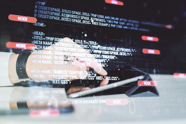 Doppelbelichtung abstrakter kreativer Programmierillustrationen und Fingerklicks auf einem digitalen Tablet im Hintergrund von Big Data und Blockchain-Konzept