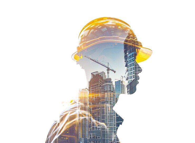 Foto doppelbelichtung bauarbeiter mit gelbem sicherheitshelm überlagertes bild einer stadt skyline