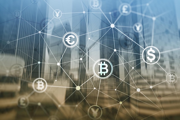 Doppelbelichtung Bitcoin- und Blockchain-Konzept Digitale Wirtschaft und Devisenhandel