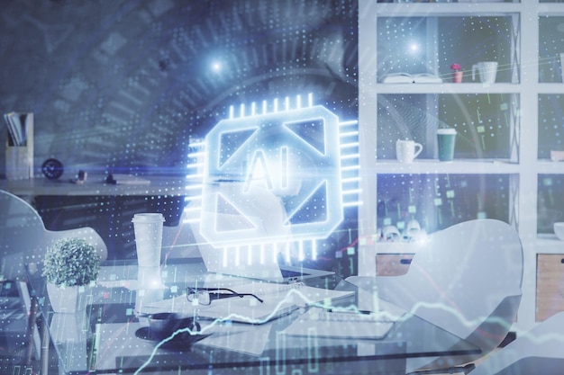 Doppelbelichtung der Daten-Thema-Zeichnung und des Büro-Interior-Hintergrunds Konzept der Technologie