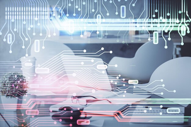 Doppelbelichtung der Datenthemazeichnung und des Büroinnenhintergrunds Konzept der Technologie