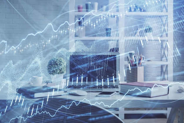 Doppelbelichtung der Finanzdiagrammzeichnung und des Hintergrunds der Büroeinrichtung Konzept der Börse