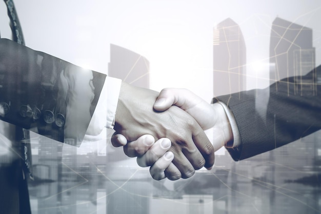 Doppelbelichtung der Handshake-Handgeste der Geschäftsvereinbarung mit Blick auf die Gebäudelandschaft der Stadt