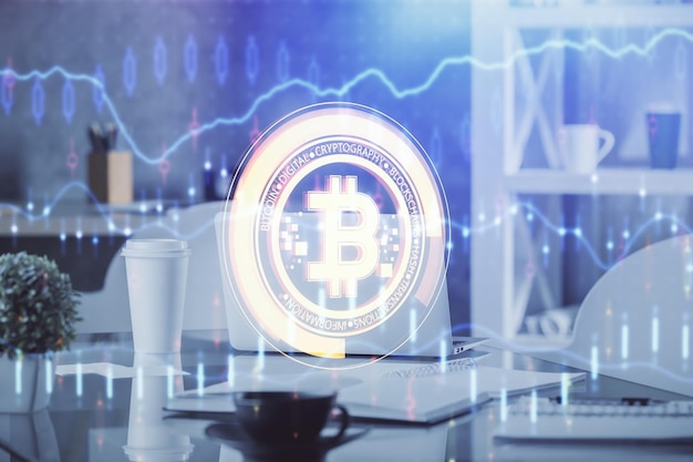 Doppelbelichtung der Krypto-Technologie-Themenzeichnung und des Hintergrunds der Büroeinrichtung Konzept der Blockchain