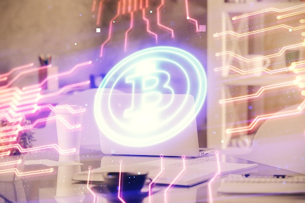 Doppelbelichtung der Krypto-Technologie-Themenzeichnung und des Hintergrunds der Büroeinrichtung Konzept der Blockchain