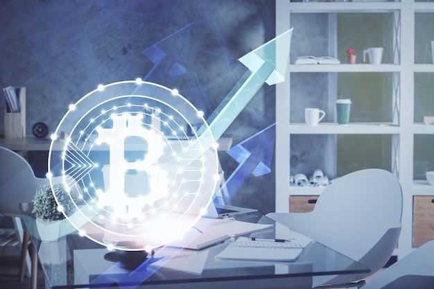 Doppelbelichtung der Krypto-Technologie-Themenzeichnung und des Hintergrunds der Büroeinrichtung Konzept der Blockchain