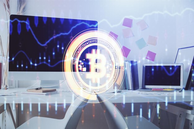 Doppelbelichtung der Krypto-Technologie-Themenzeichnung und des Hintergrunds der Büroeinrichtung Konzept der Blockchain