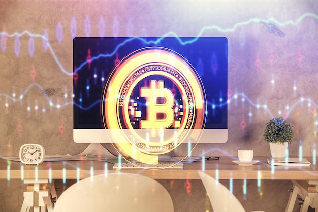 Doppelbelichtung der Krypto-Technologie-Themenzeichnung und des Hintergrunds der Büroeinrichtung Konzept der Blockchain