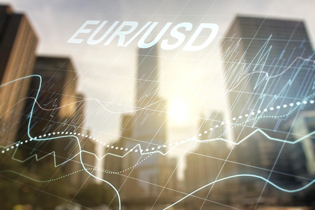 Doppelbelichtung des abstrakten virtuellen EURO-USD-Forex-Chart-Hologramms auf dem Hintergrund moderner Wolkenkratzer Bank- und Investitionskonzept