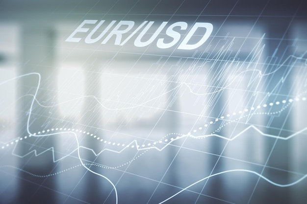 Doppelbelichtung des abstrakten virtuellen EURO-USD-Forex-Chart-Hologramms auf leerem, modernem Bürohintergrund Bank- und Investitionskonzept