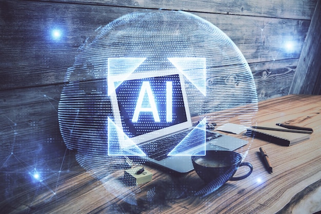 Doppelbelichtung des Desktops mit Personalcomputer im Hintergrund und Technik-Thema-Zeichnung Konzept der Datenanalyse