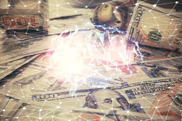 Doppelbelichtung des Gehirns, das über den US-Dollar-Schein-Hintergrund zeichnet. Technologiekonzept