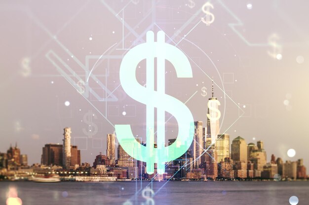 Doppelbelichtung des Hologramms der virtuellen USD-Symbole auf dem Hintergrund der New Yorker Wolkenkratzer Bank- und Investitionskonzept