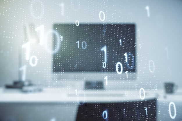 Doppelbelichtung des kreativen abstrakten Binärcode-Hologramms auf Laptop-Hintergrund Datenbank- und Programmierkonzept