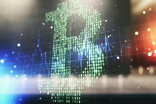 Doppelbelichtung des kreativen Bitcoin-Symbolhologramms auf dem Außenhintergrund des modernen Geschäftszentrums Kryptowährungskonzept