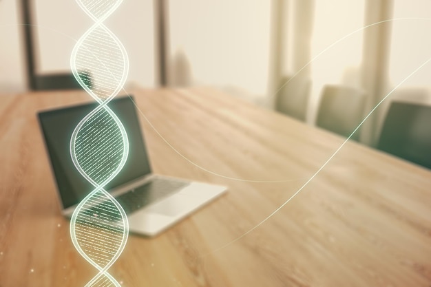 Doppelbelichtung des kreativen DNA-Hologramms auf Laptop-Hintergrund Konzept für Bio-Engineering und DNA-Forschung