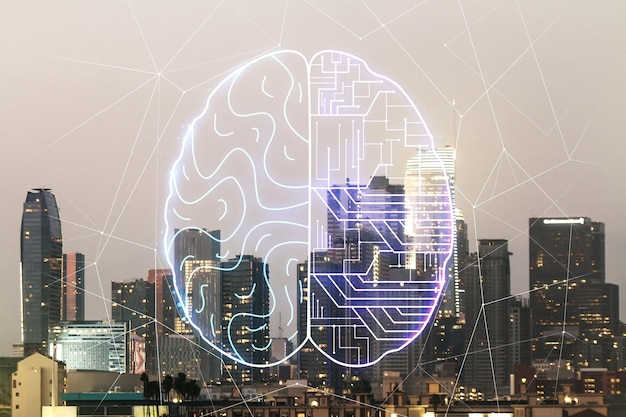 Doppelbelichtung des kreativen Mikroschaltkreis-Hologramms des menschlichen Gehirns auf dem Hintergrund der Bürogebäude in Los Angeles Zukünftige Technologie und KI-Konzept