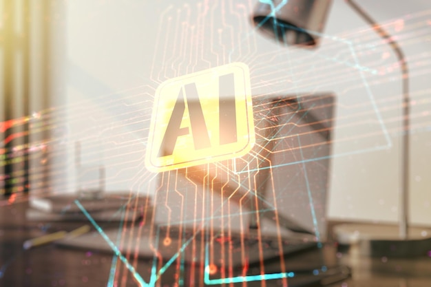 Doppelbelichtung des kreativen Symbols der künstlichen Intelligenz mit modernem Laptop im Hintergrund. Neuronale Netze und maschinelles Lernkonzept