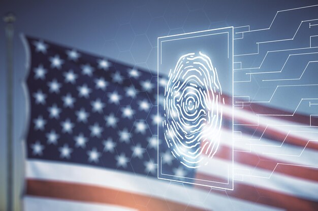 Doppelbelichtung des virtuellen kreativen Fingerabdruck-Hologramms auf US-Flagge und blauem Himmelshintergrund Schutz des Konzepts der persönlichen Informationen