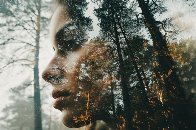 Doppelbelichtung Eine Silhouette einer Frau, die sich in die Waldlandschaft einfügt Das Konzept der psychischen Gesundheit