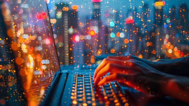 Doppelbelichtung einer Frau, die mit der Hand auf einem Laptop schreibt, und das Stadtbild in der Nacht