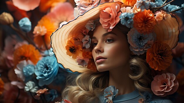Doppelbelichtung einer Frau mit Hut und bunten Blumen auf blumigem Hintergrund