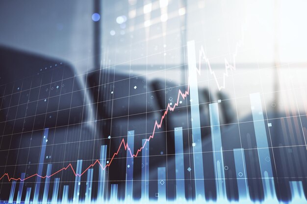 Doppelbelichtung eines abstrakten, kreativen Finanzdiagramm-Hologramms auf einem Hintergrundforschungs- und Strategiekonzept für moderne Besprechungsräume