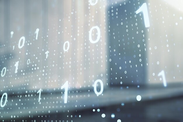 Doppelbelichtung eines abstrakten virtuellen Binärcode-Hologramms auf dem äußeren Hintergrund eines modernen Geschäftszentrums Datenbank- und Programmierkonzept