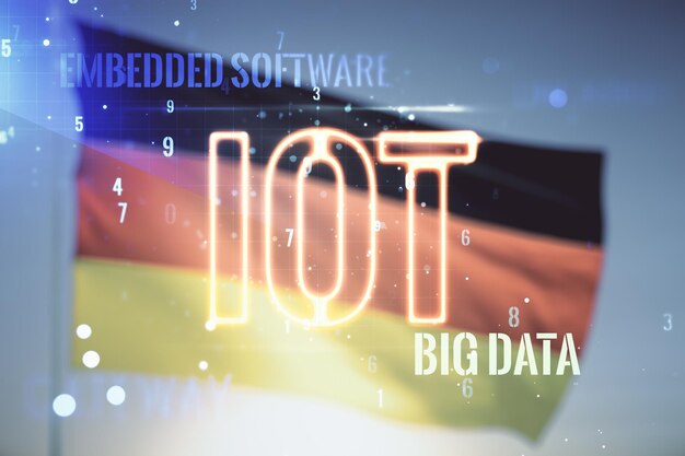 Doppelbelichtung eines abstrakten virtuellen IOT-Hologramms auf deutscher Flagge und blauem Himmelshintergrund Forschungs- und Entwicklungskonzept