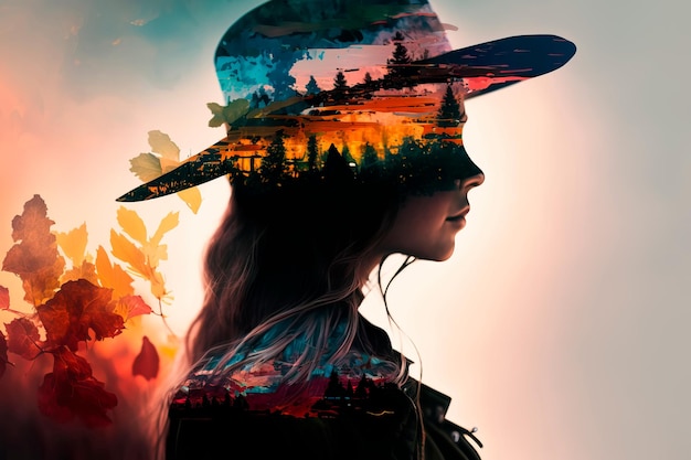 Doppelbelichtung eines Mädchens mit Hut und vollem Wald Generative KI