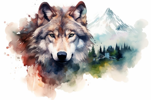 Doppelbelichtung eines Wolfes und eines Berges Schönes Illustrationsbild Generative KI