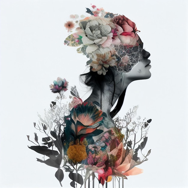 Doppelbelichtung Profilporträt einer attraktiven Frau Blumen Digitale Kunst Illustration AI