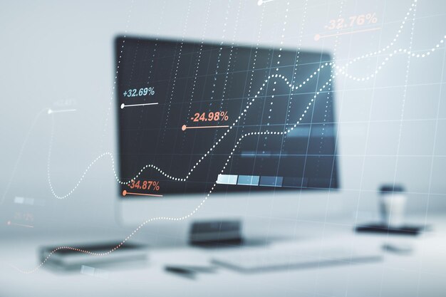 Doppelbelichtung von abstrakten kreativen Statistikdatenhologrammen auf Laptop-Hintergrundstatistiken und Analysekonzept