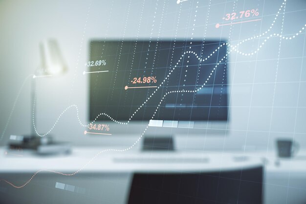 Doppelbelichtung von abstrakten kreativen Statistikdatenhologrammen auf Laptop-Hintergrundstatistiken und Analysekonzept