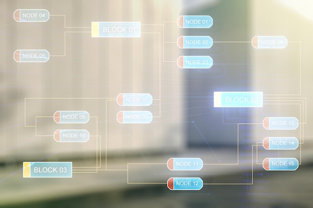 Foto doppelbelichtung von abstrakter kreativer programmierung illustration auf zeitgenössischem business center außenhintergrund big data und blockchain-konzept